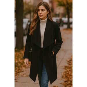 OAK Designer Luxury Waterfall Wool Drape Winter Coat Medium Black Heavy Weight